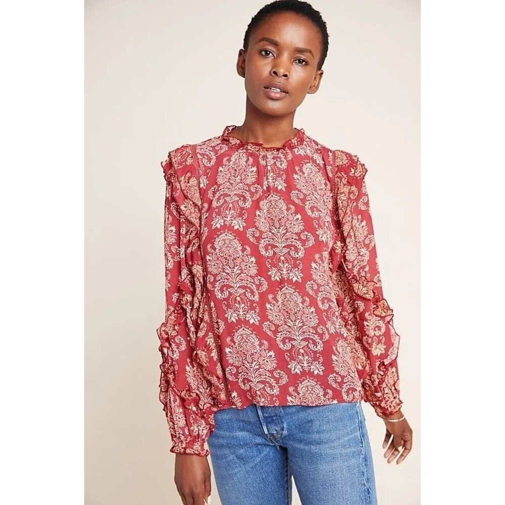 Seen worn kept Anthropologie Evanne Ruffled Blouse NEW NWT Boho red size 2